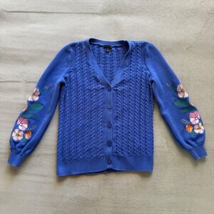 Talbots Women's Cable Knit Cardigan Floral Embroidered Sleeves Cotton Size S